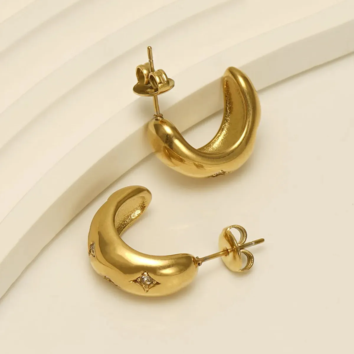 1 Pair Elegant C Shape Star Plating Inlay Stainless Steel Rhinestones 18k Gold Plated Ear Studs