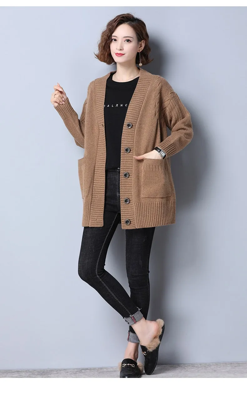 2022 Autumn Loose Cardigans Casual Vintage Women Knitted Sweaters Fashion Korean Long Sleeve Knitwear Female Solid V-neck Casual