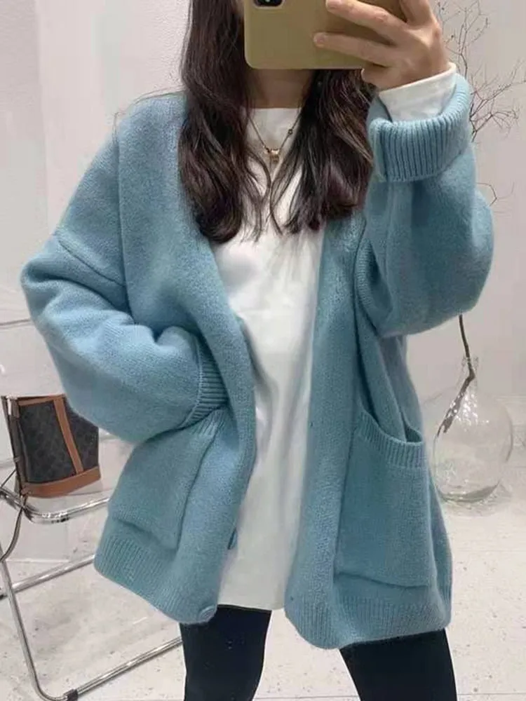 2022 Autumn Loose Cardigans Casual Vintage Women Knitted Sweaters Fashion Korean Long Sleeve Knitwear Female Solid V-neck Casual