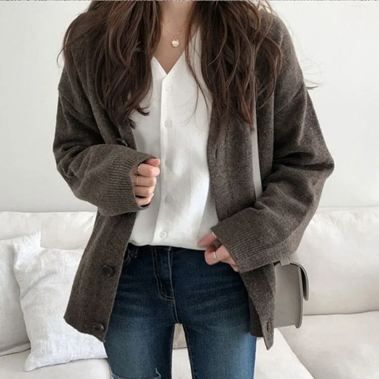 2022 Autumn Loose Cardigans Casual Vintage Women Knitted Sweaters Fashion Korean Long Sleeve Knitwear Female Solid V-neck Casual