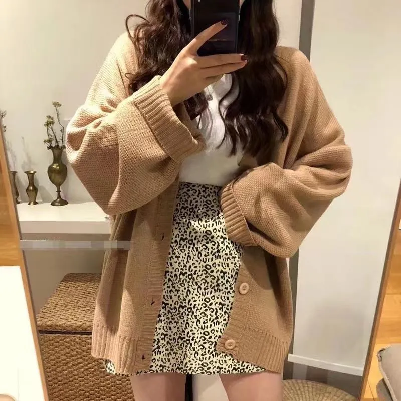 2022 Autumn Loose Cardigans Casual Vintage Women Knitted Sweaters Fashion Korean Long Sleeve Knitwear Female Solid V-neck Casual