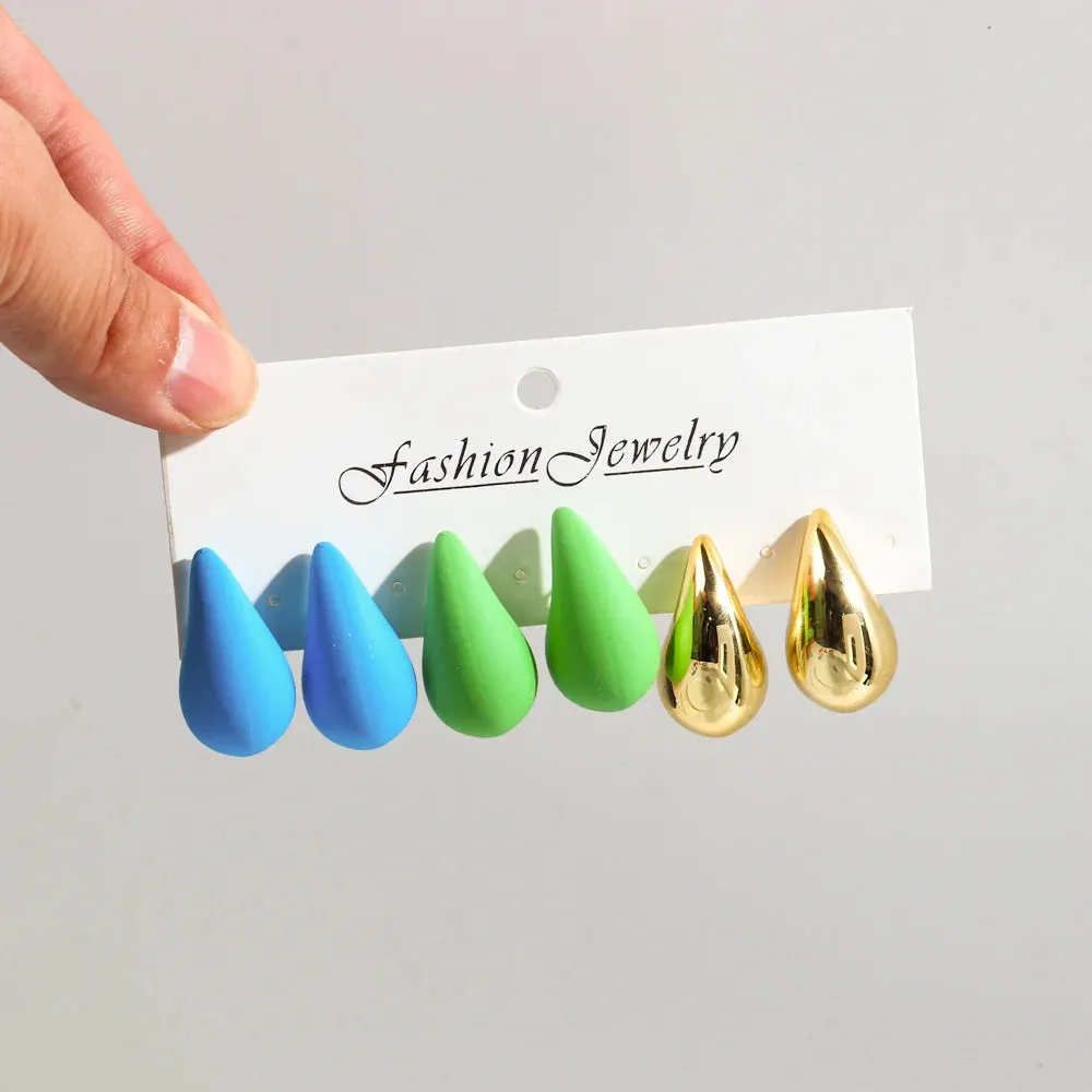 3 Pair/Set Chunky Gold Plated Waterdrop Hoop Earrings for Women Smooth Multicolour Acrylic Tear Drop Earring Lightweight Jewelry