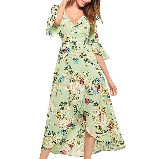 3/4 Sleeve Bell Sleeve Print V neck Split Floral Dresses