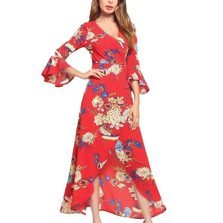 3/4 Sleeve Bell Sleeve Print V neck Split Floral Dresses