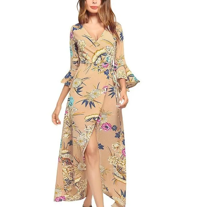 3/4 Sleeve Bell Sleeve Print V neck Split Floral Dresses