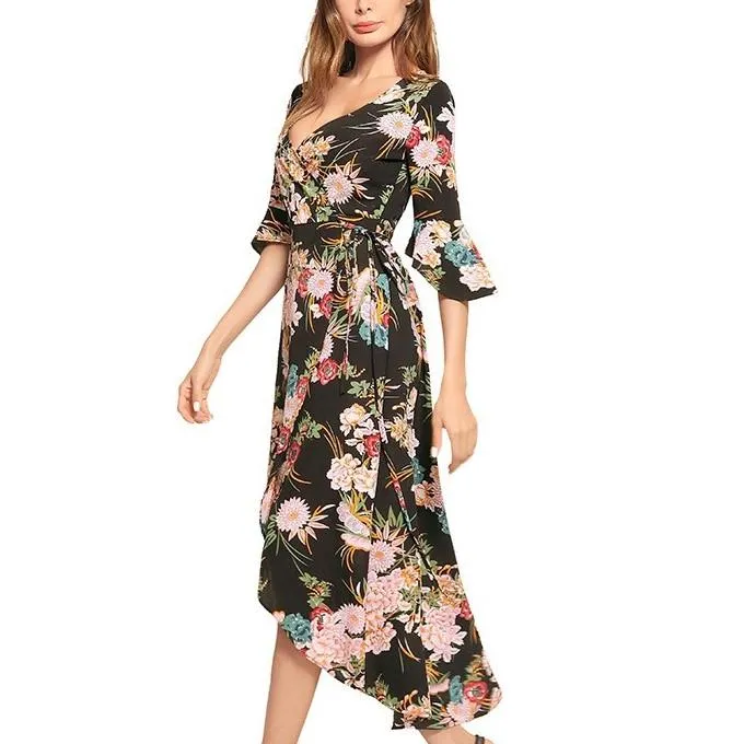 3/4 Sleeve Bell Sleeve Print V neck Split Floral Dresses