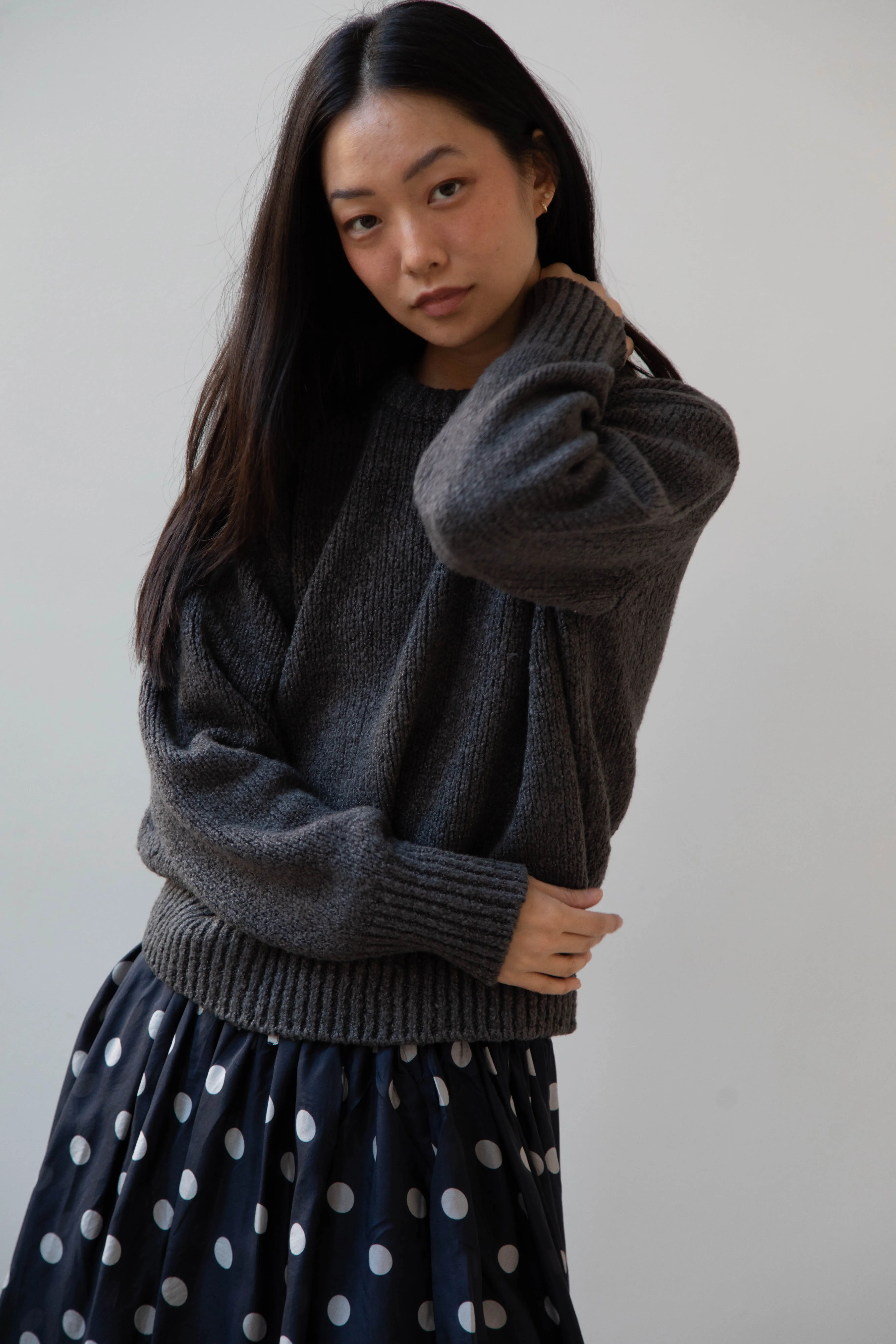 Aton | Crewneck Sweater in Charcoal Wool Silk