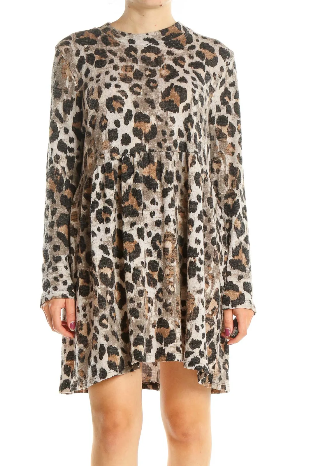 Beige Animal Print Long Sleeve Casual Dress