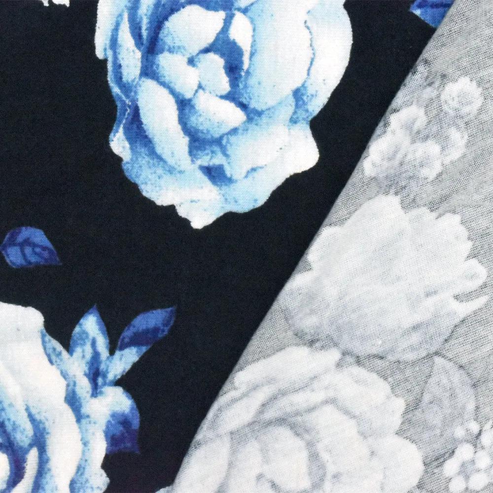 Bell Blue-Black-Multi Floral Printed Rayon Stretch Jersey Knit Fabric