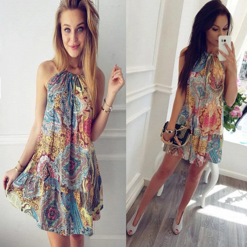 Bohemian Bear Shoulder Spaghetti Straps Sleeveless Print Short Dress