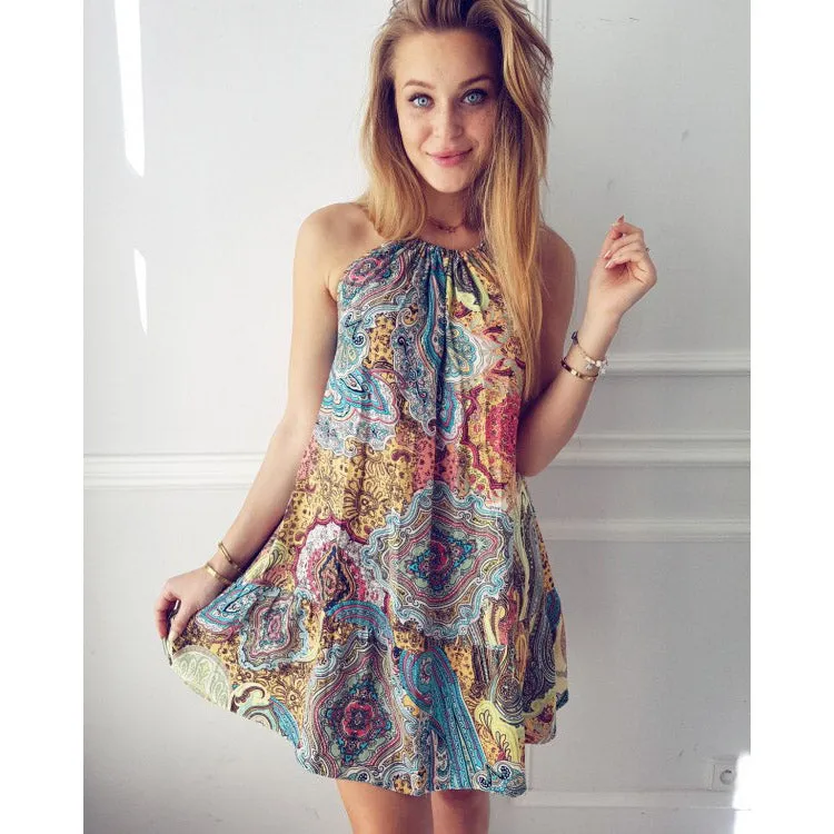 Bohemian Bear Shoulder Spaghetti Straps Sleeveless Print Short Dress