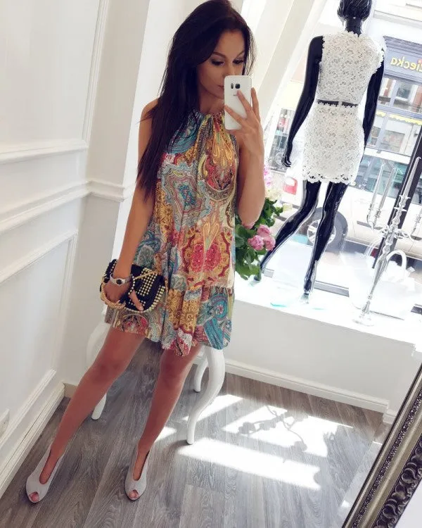 Bohemian Bear Shoulder Spaghetti Straps Sleeveless Print Short Dress