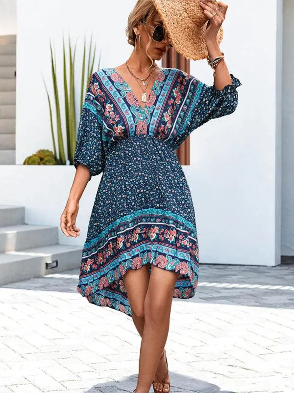 Bohemian Breeze V-Neck Half Sleeve Dress - Women's Effortless Elegance