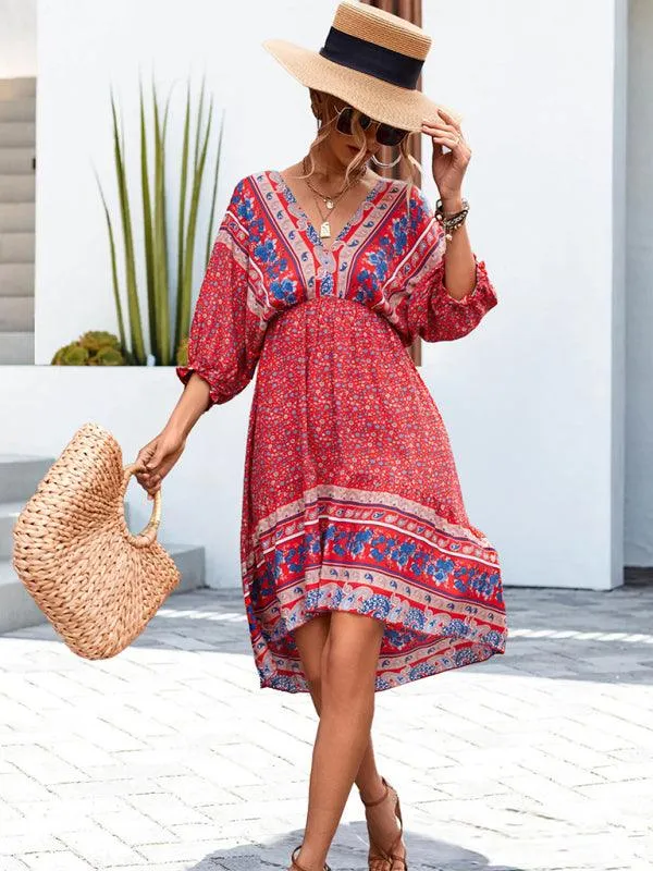 Bohemian Breeze V-Neck Half Sleeve Dress - Women's Effortless Elegance