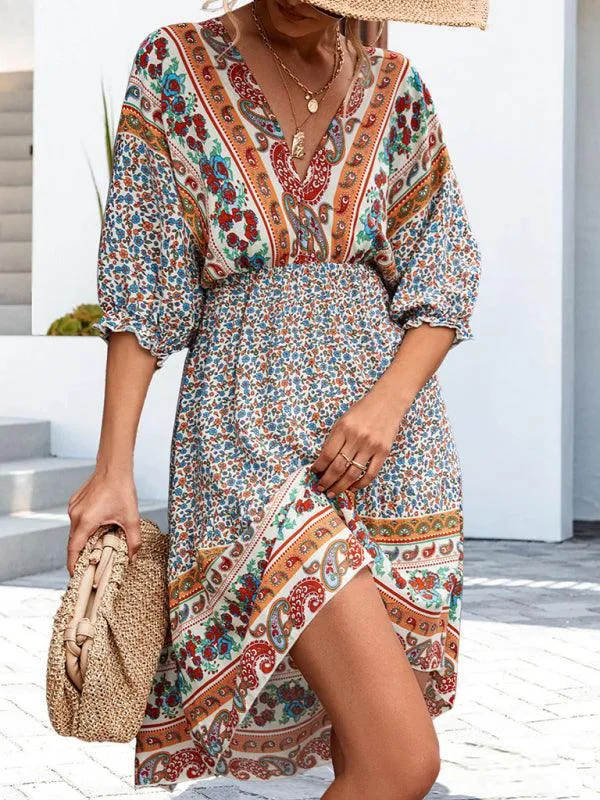 Bohemian Breeze V-Neck Half Sleeve Dress - Women's Effortless Elegance