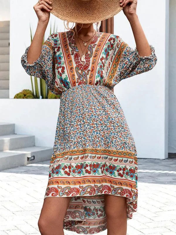 Bohemian Breeze V-Neck Half Sleeve Dress - Women's Effortless Elegance