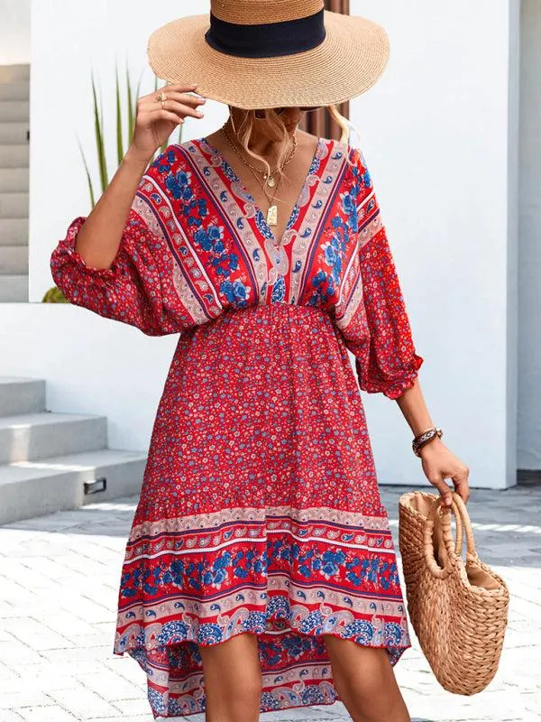 Bohemian Breeze V-Neck Half Sleeve Dress - Women's Effortless Elegance