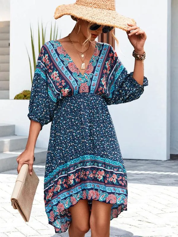 Bohemian Breeze V-Neck Half Sleeve Dress - Women's Effortless Elegance