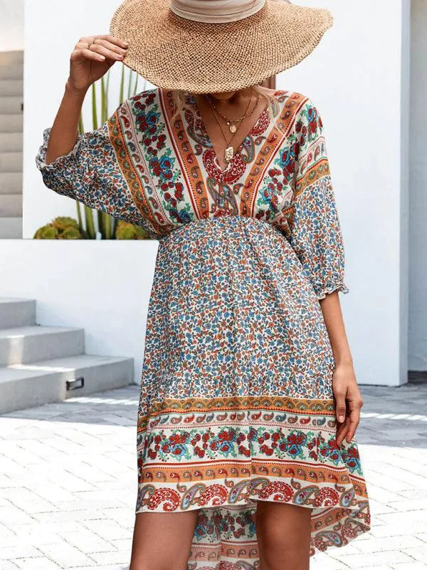 Bohemian Breeze V-Neck Half Sleeve Dress - Women's Effortless Elegance