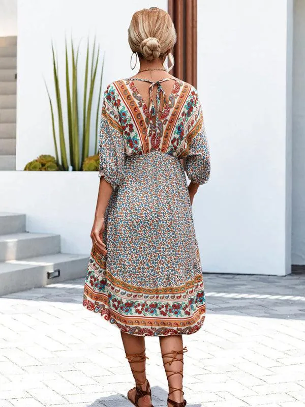 Bohemian Breeze V-Neck Half Sleeve Dress - Women's Effortless Elegance