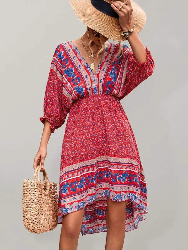 Bohemian Breeze V-Neck Half Sleeve Dress - Women's Effortless Elegance