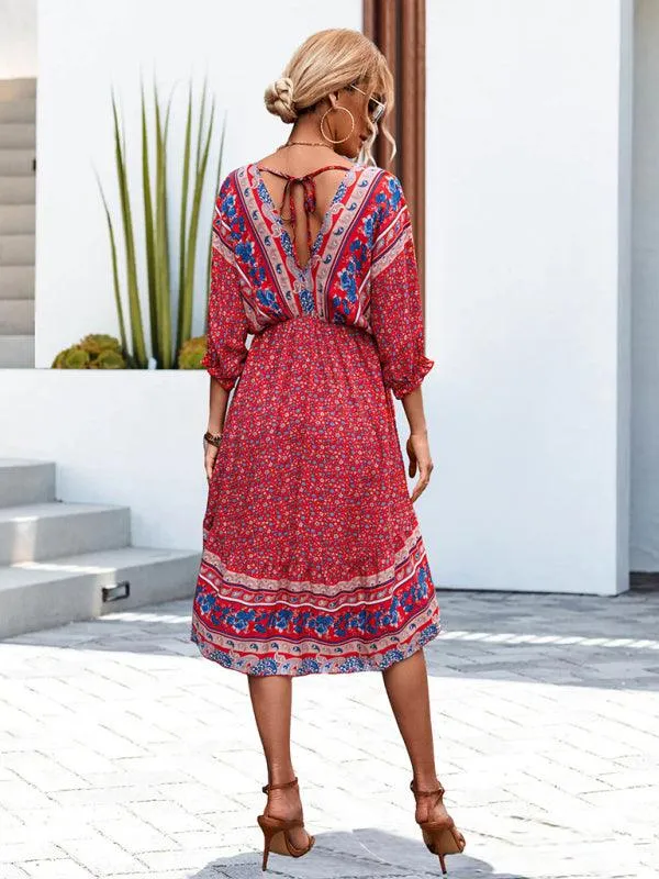 Bohemian Breeze V-Neck Half Sleeve Dress - Women's Effortless Elegance