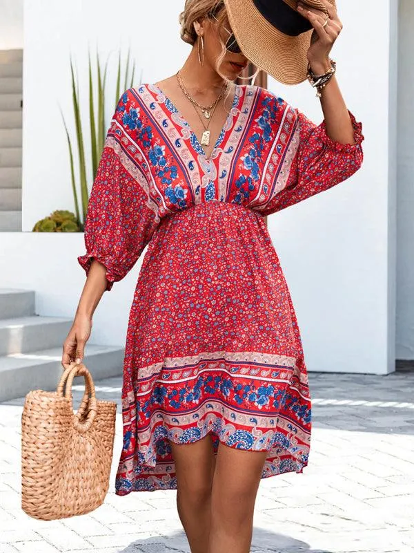 Bohemian Breeze V-Neck Half Sleeve Dress - Women's Effortless Elegance