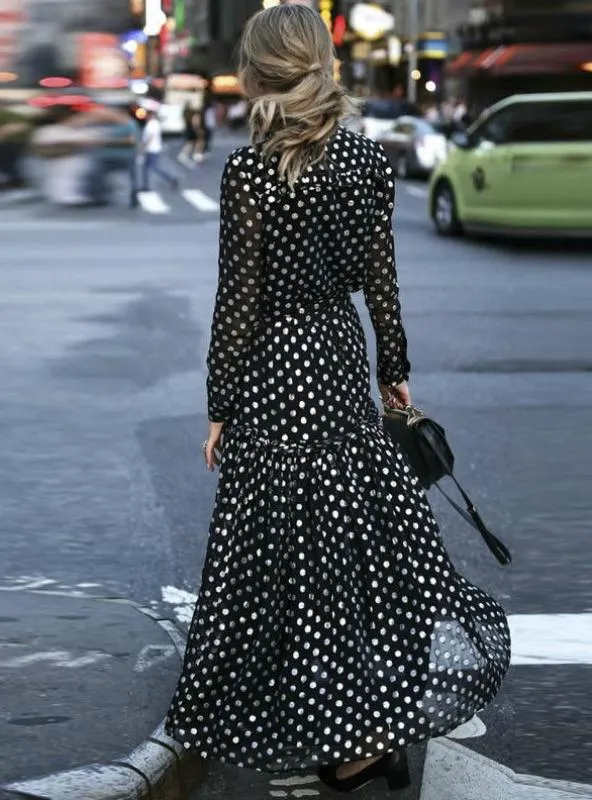 Bohemian Maxi Polka Dot V-Neck Wrap Dress