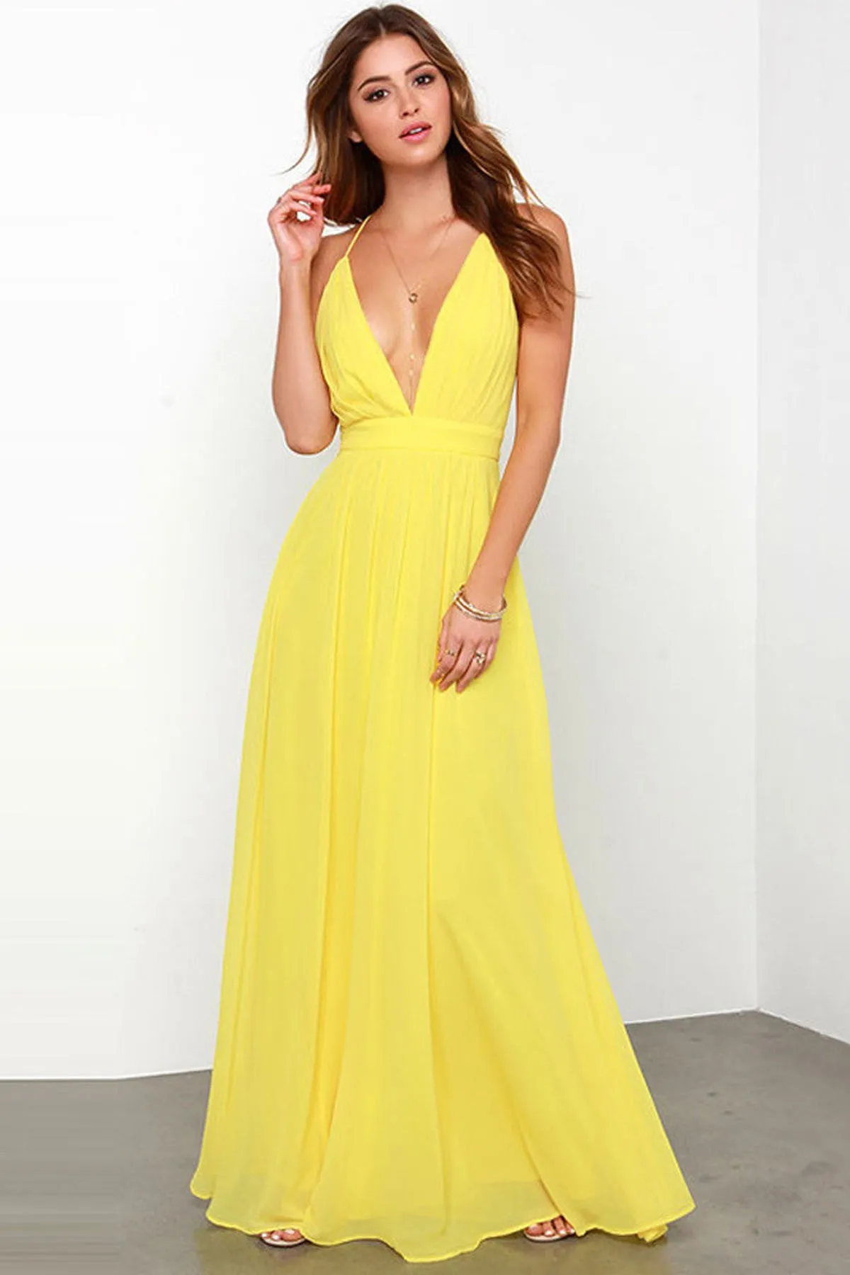 Bohemian Spaghetti Straps V-neck Backless Pure Color Long Party Dress