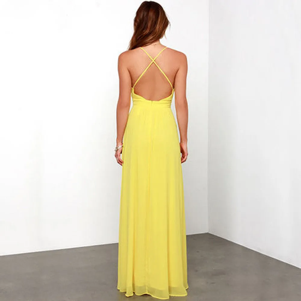 Bohemian Spaghetti Straps V-neck Backless Pure Color Long Party Dress