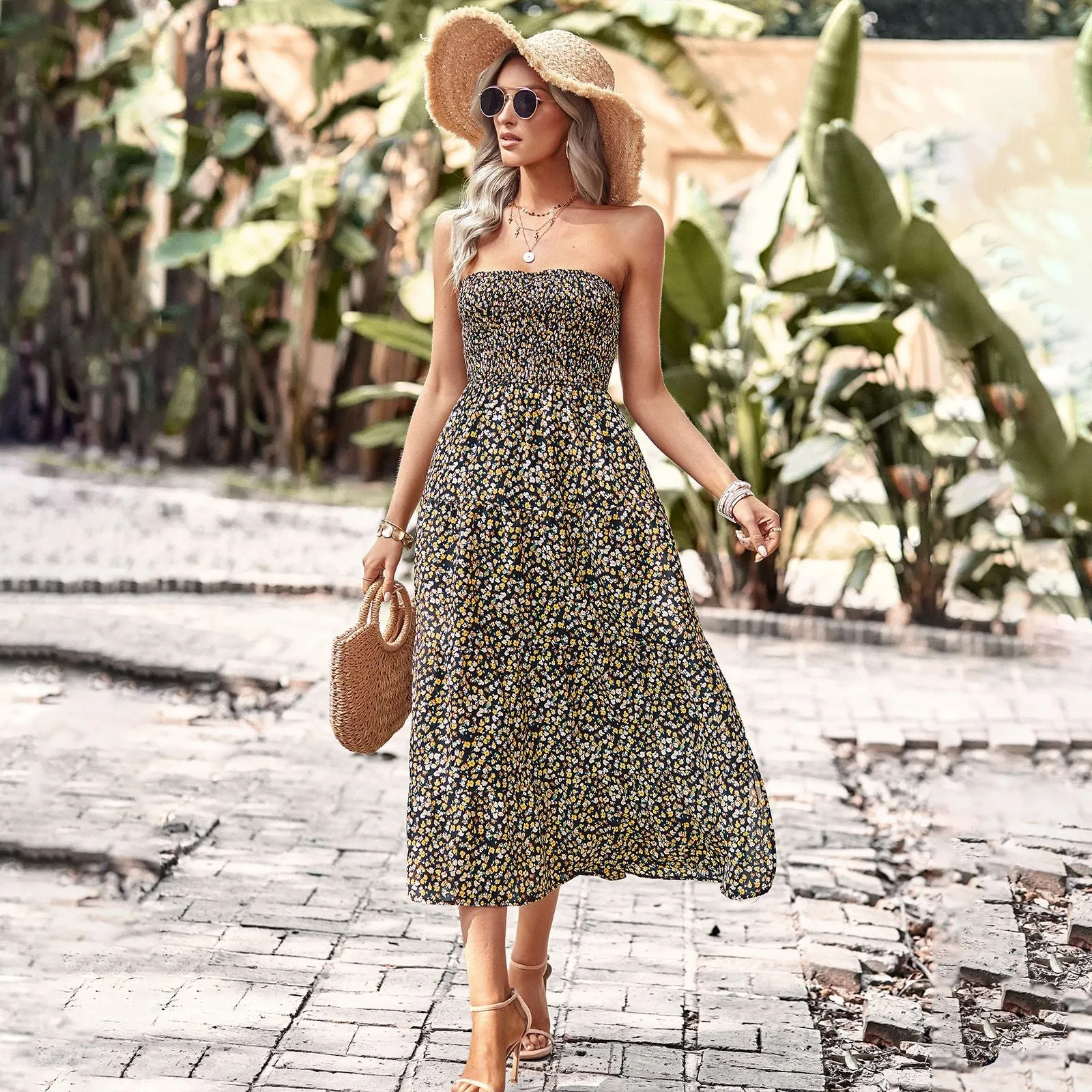 Bohemian Style Floral Strapless Dress