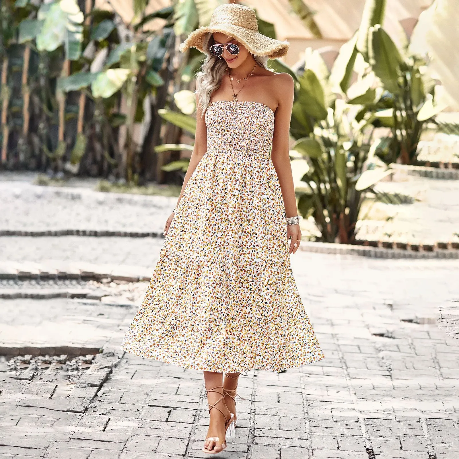 Bohemian Style Floral Strapless Dress