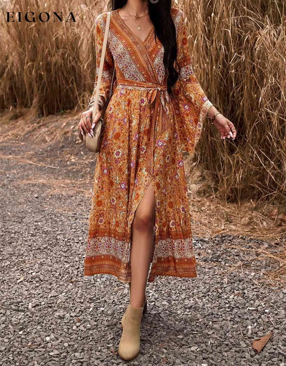 Bohemian Surplice Neck Slit Dress