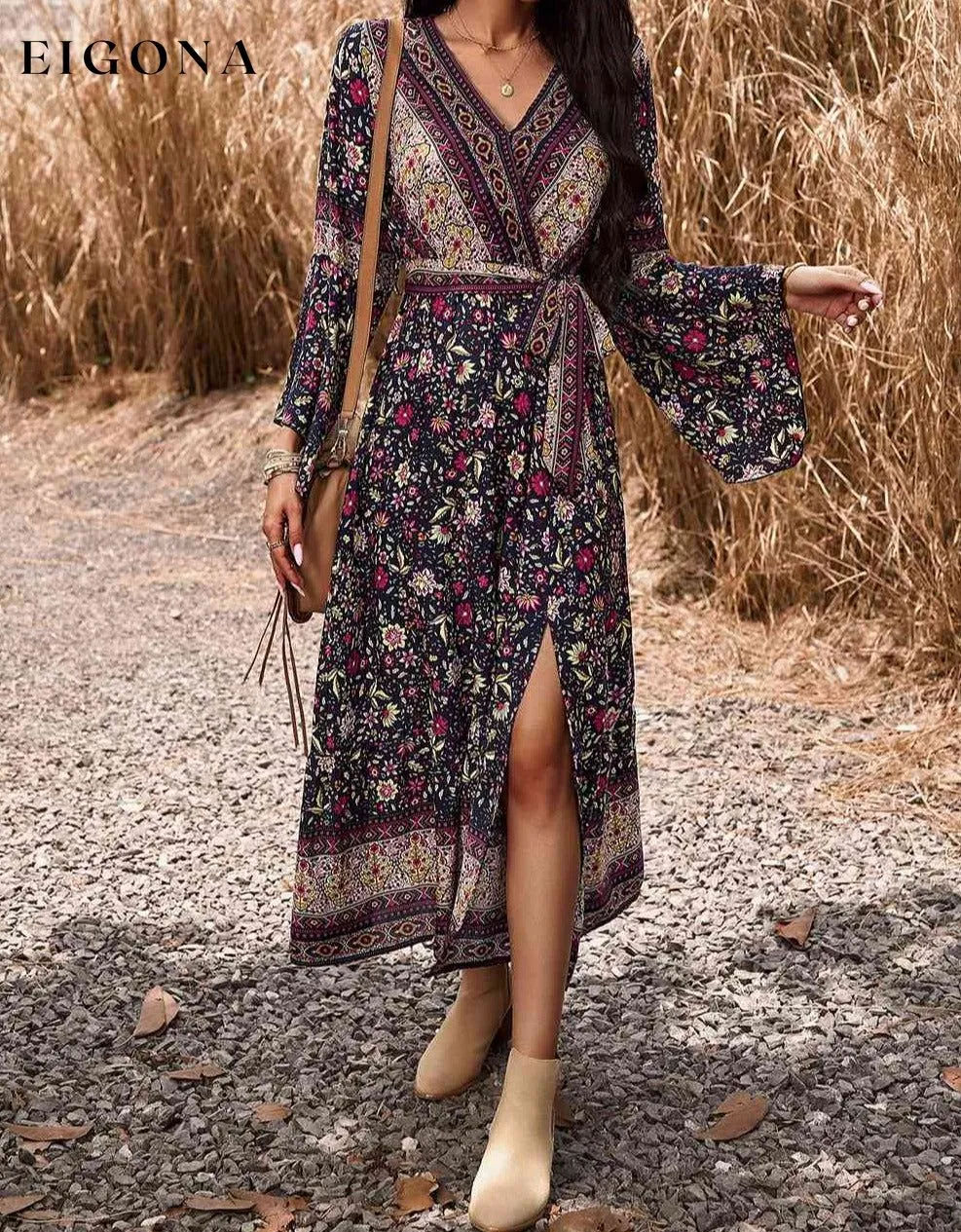 Bohemian Surplice Neck Slit Dress