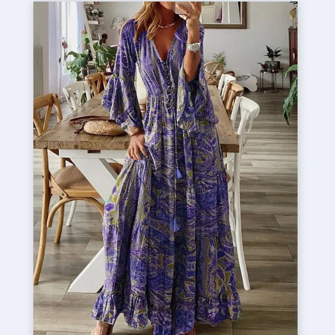 Bohemian Trumpet Sleeve Printed Low-Cut Tassel Dress Wholesale Dresses N4623051700085