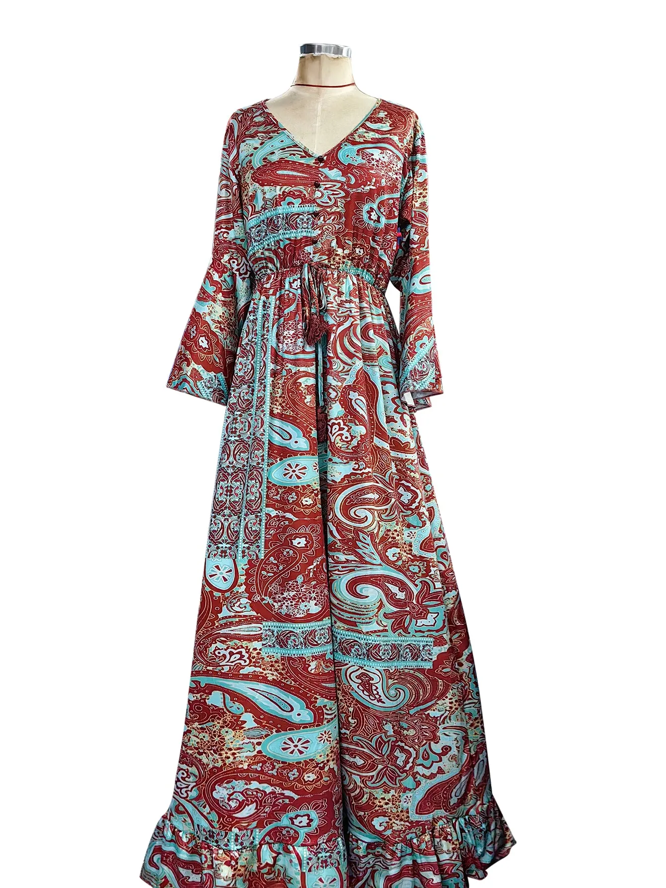 Bohemian Trumpet Sleeve Printed Low-Cut Tassel Dress Wholesale Dresses N4623051700085