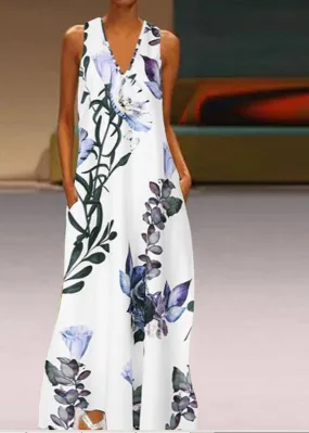 Bohemian White V Neck Print Long Dresses Summer LC0057