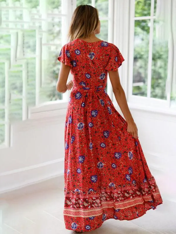 Boho Chic Floral V-Neck Maxi Dress with Flowy Skirt