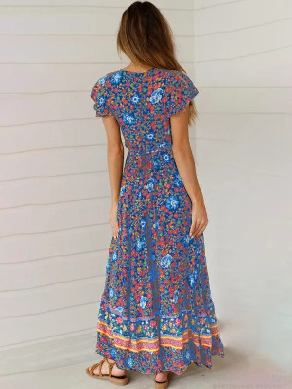 Boho Chic Floral V-Neck Maxi Dress with Flowy Skirt