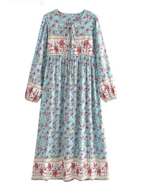 Boho dresses 2022 Women Flare Sleeve Blue Floral Print Beach Bohemian Midi Dress