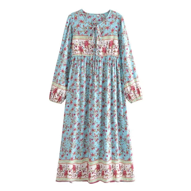 Boho dresses 2022 Women Flare Sleeve Blue Floral Print Beach Bohemian Midi Dress