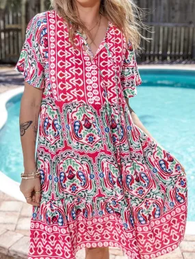 Boho Pink Floral Print Tie Neck Mini Dress