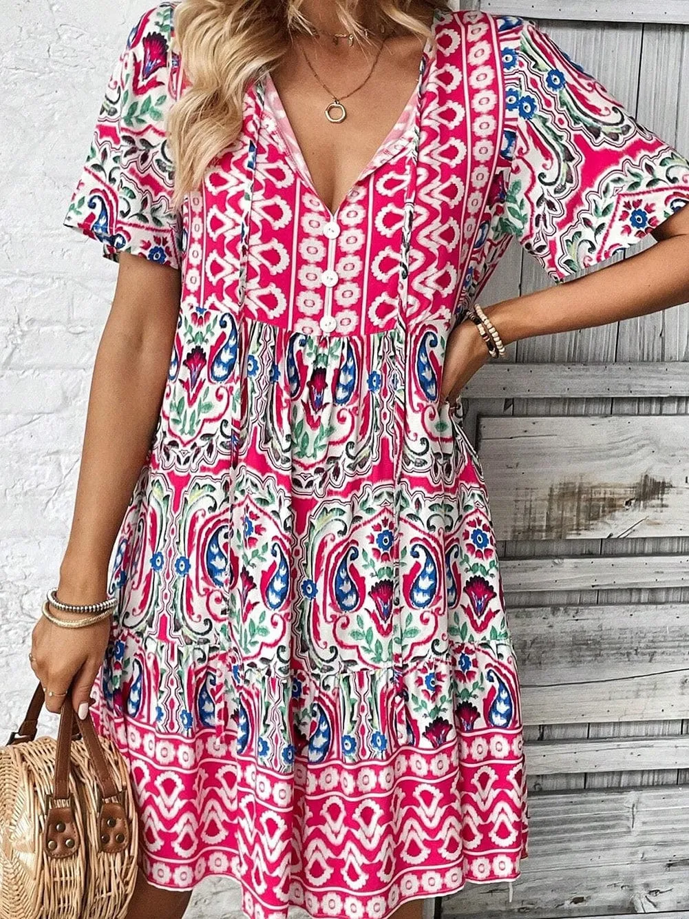 Boho Pink Floral Print Tie Neck Mini Dress