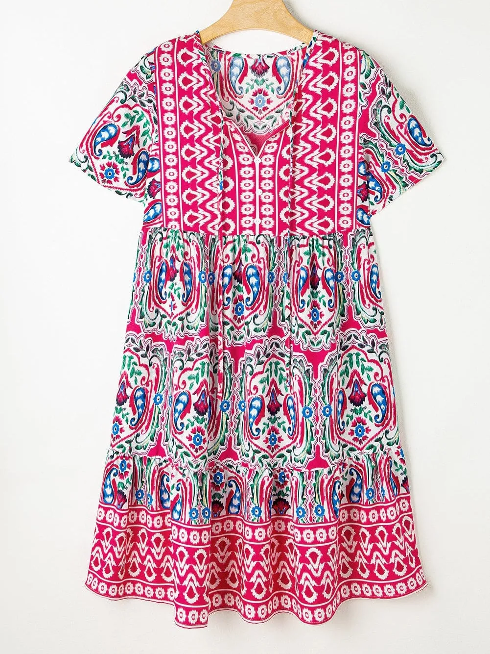 Boho Pink Floral Print Tie Neck Mini Dress