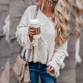 Cable Knit Scoop Tassels Women Loose Short Sweater