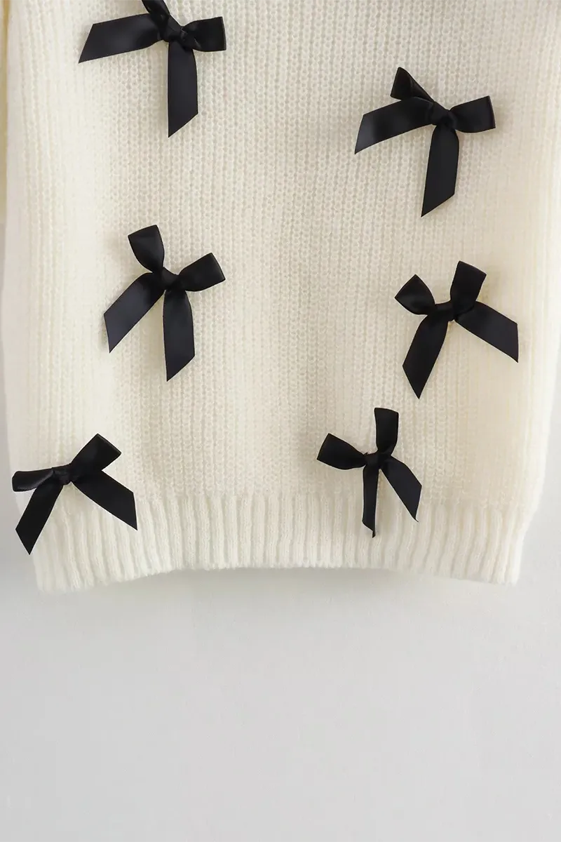 Casual Bow Patchwork Contrast O Neck Sweaters