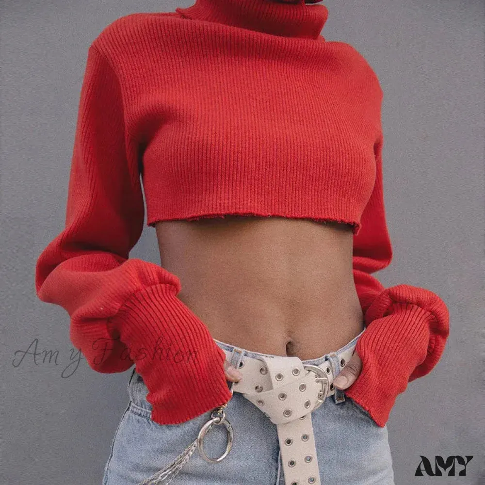 Casual Loose Sexy Solid TurtleNeck Long Sleeve Knit Crop Christmas Sweater