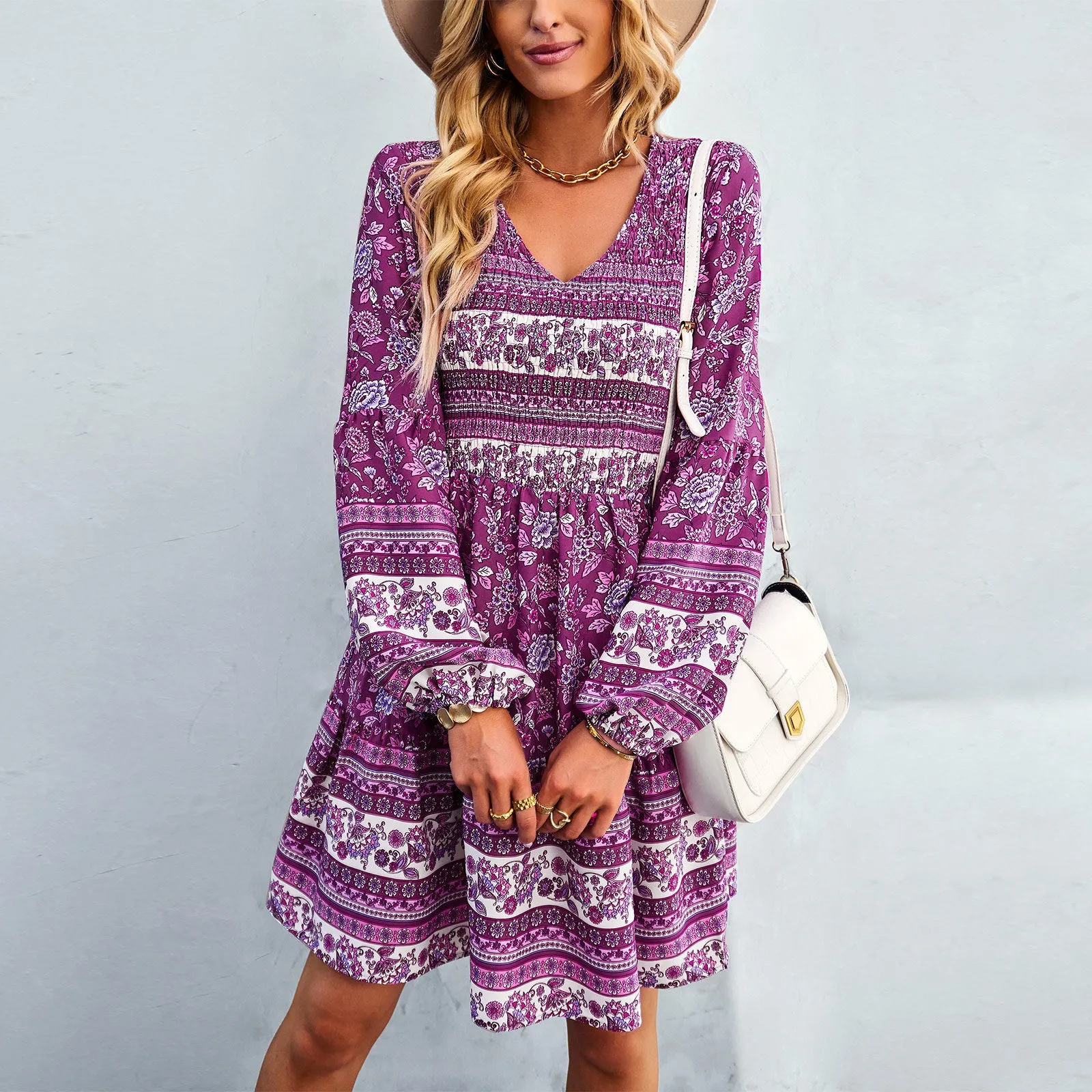 Casual V Neck A-Line Dresses Long Sleeve Print Wholesale Bohemian Dress For Women