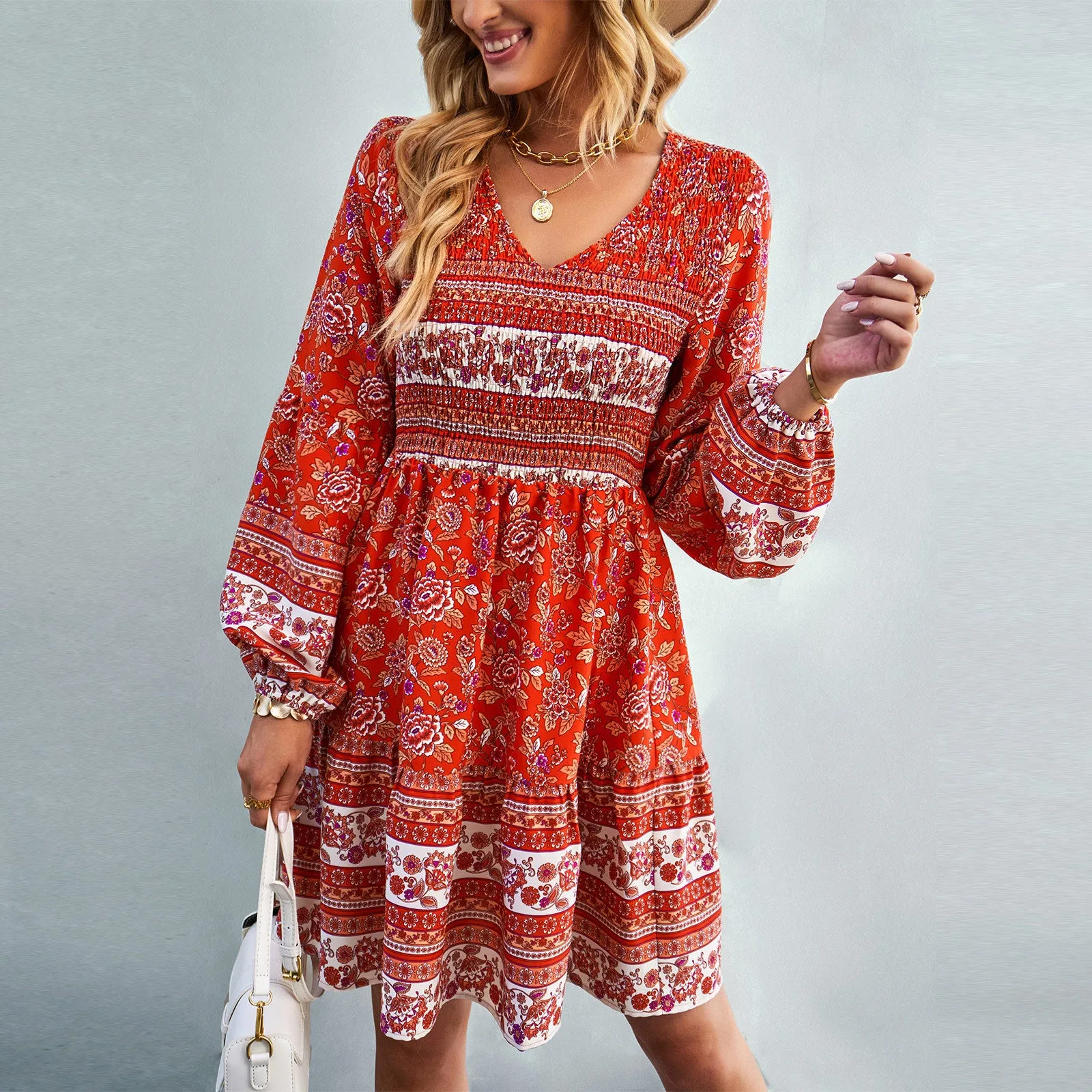 Casual V Neck A-Line Dresses Long Sleeve Print Wholesale Bohemian Dress For Women