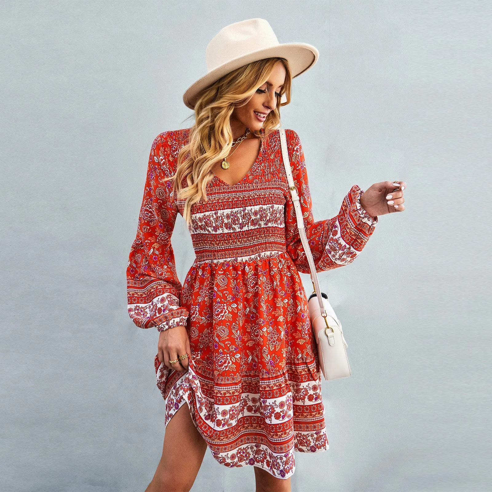 Casual V Neck A-Line Dresses Long Sleeve Print Wholesale Bohemian Dress For Women